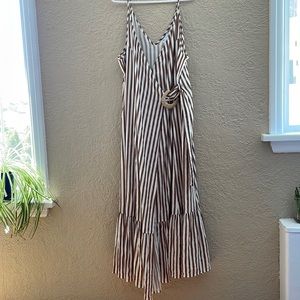 Asos tan and white striped strappy maxi crossover dress with tier at bottom